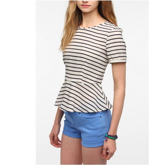 ANTHRO X PINS & NEEDLES Women's Cream Navy Blue Stripe Peplum Top XS Round Neck - Picture 4 of 14